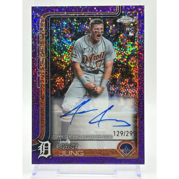 2025 Topps Chrome Jace Jung Rookie Purple Sparkle Auto 129/299 SP Detroit Tigers